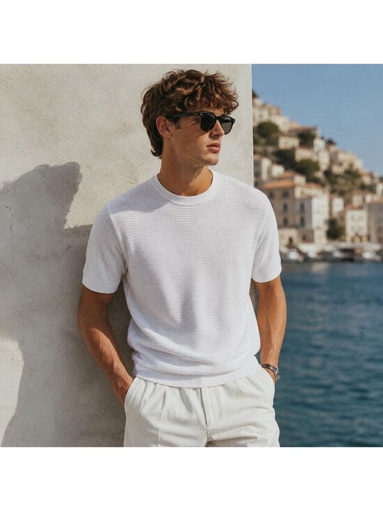 Mango MNG Other - Mango MNG Men L Cotton Blend Ribbed Knit T-Shirt Short Sleeve Euro Summer Resort
